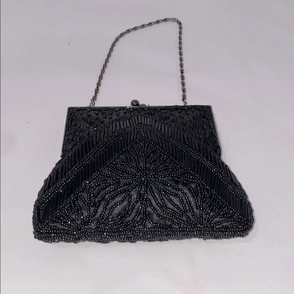 Gunne Sax Elegant Black Beaded Clutch With Chain Strap  And Kiss Closure